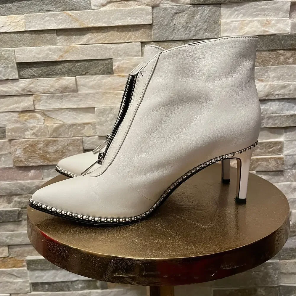 BCBGeneration Ivory White Leather Studded Zip Heeled Booties | Y2K Style, 5M